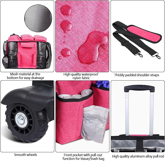 Extra large Rolling Cleaning caddy bag Built-in Hard Support Board,Cleaning Cart with Detachable Trolley, Housekeeping Cleaning caddy with Adjustable Shoulder Strap and Multiple Storage Pockets