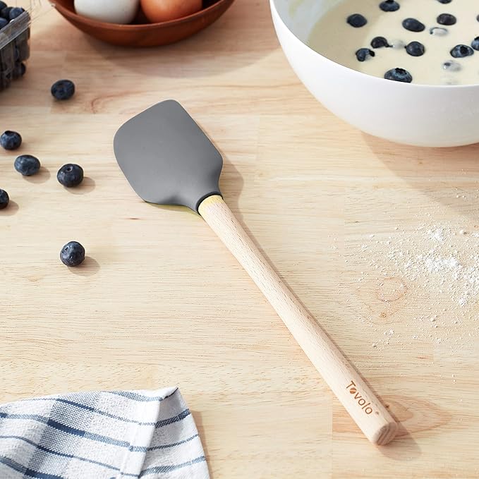 Tovolo Silicone Spatula Wooden Handle for Cooking Baking Mixing, Heat Resistant Food Safe BPA Free Flexible Silicone Baking Spatula with Wood Handles Kitchen Utensils Nonstick Safe, Charcoal Gray