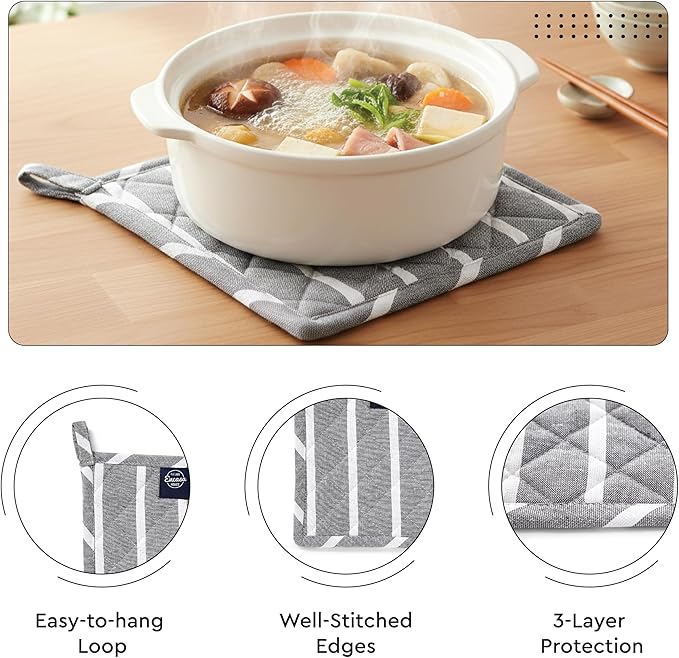 Encasa XO Heat Resistant 100% Cotton Oven Glove & Potholder Set with Loop, Kitchen Cooking Mittens, Microwave Safe Hot Pads (Roma Grey Stripes)