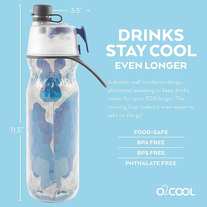O2COOL Mist 'N Sip Misting Water Bottle 2-in-1 Mist And Sip Function With No Leak Pull Top Spout Reusable Sports Water Bottle - 20 oz (Blue Camo)