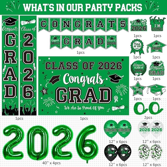 Graduation Decorations Class of 2026 - Green Graduation Party Supplies Include Grad Backdrop, Banner, Hanging Swirls, Porch Sign, Balloons, Foil Number 2026 for Congrats Grad Party Decorations