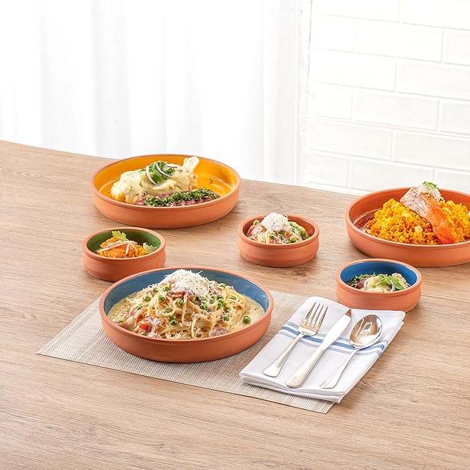 Restaurantware-Terra Tek 34 Ounce Terracotta Cazuelas, 2 Blue Glazed Clay Pots For Cooking - Oven-Ready, Microwavable, Terracotta Serving Pots, Dishwashable, For Cooking And Serving