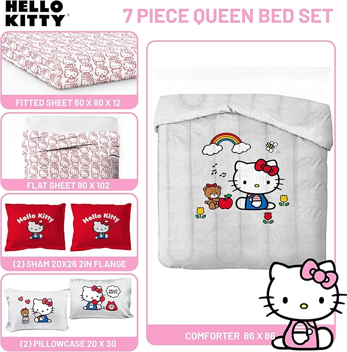 Jay Franco Sanrio Hello Kitty Queen Size Comforter Set - 7 Piece Red & Grey Bedding Includes Sheet Set & Pillow Covers - Super Soft Cozy Kawaii Bedding