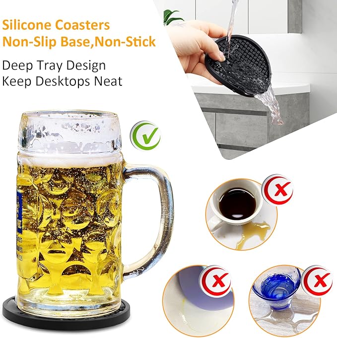 Silicone Coasters for Drinks, Non‑Slip Spill‑Proof Heat Resistant Drink Coasters 2-Piece Set, Reusable Washable Table Protection for Home Decor Kitchen Office, Bar(2Pack,Black)