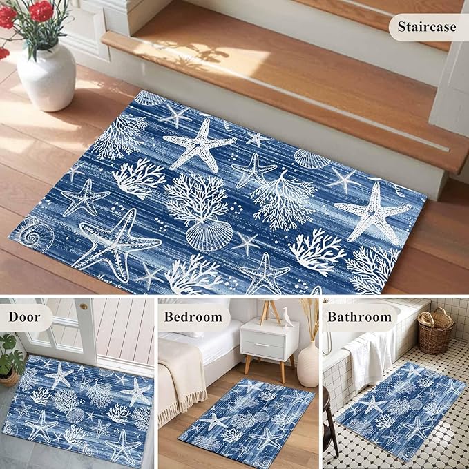 Navy Blue Coastal 2x3 Door Mat Rug, Ocean Coral Starfish Non-Skid Rubber Backing Large Rectangle Rugs - Living Room Bedroom Home Office, Summer Beach Indoor Floor Mat Carpets Washable Rug