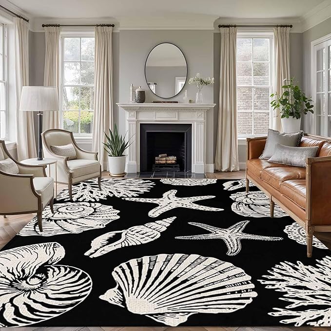 Area Rug 6x9ft, Marine Starfish Shell Conch Washable Rugs for Living Room Bedroom, Ocean Life on Black Soft Non-Slip Area Rugs Rectangle Floor Carpet for Dining Room