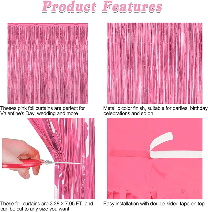 8 Pack Pink Backdrop, 3.28 FT x 7.05 FT Pink Birthday Decorations, Metallic Pink Backdrop for Photoshoot Foil Curtains Party Streamer, Valentines Day Decorations Birthday Photo Booth Props