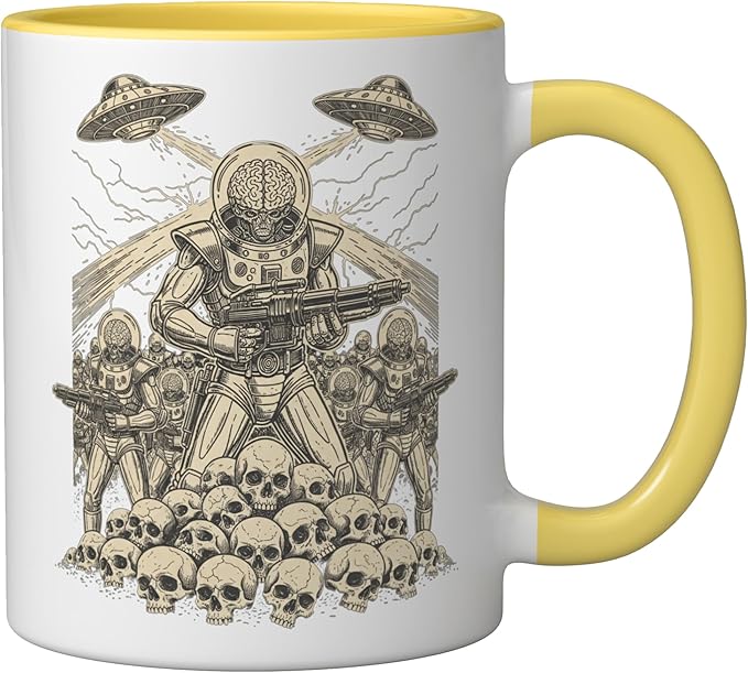 Alien Brain Soldier Retro Sci Fi Saucer Art Ceramic Mug, Yellow/White