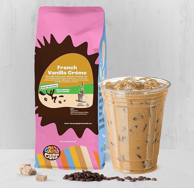 Crazy Cups Decaf Flavored Ground Coffee, French Vanilla Crème, in 10 oz Bag, For Brewing Flavored Hot or Iced Decaf Coffee