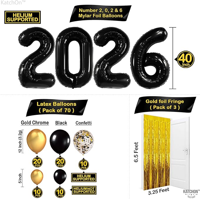 KatchOn, New Years Decorations 2026 Set - Huge, Pack of 85 | Black Gold Stars Balloon, Gold Fringe Curtain Backdrop, 2026 Balloons | New Years Eve Party Supplies 2026, Next Years Birthday Party Decor