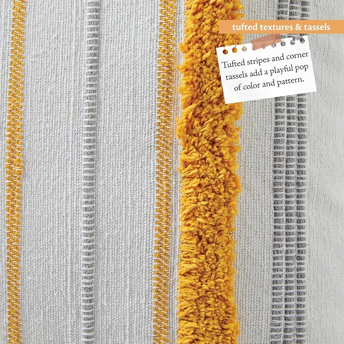 Indigo Ink - Decorative Pillow, Tufted Stripe Pillow with Tassels, Throw Pillows for Couch or Bed, Boho Home Decor, 14" x 20" (Tufted Medallion Collection, Grey/Yellow)