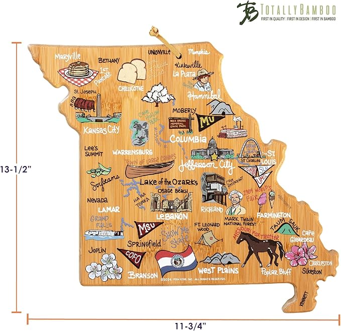Totally Bamboo Missouri State Shaped Cutting Board and Charcuterie Serving Platter with Artwork by Fish Kiss, Includes Hang Tie for Wall Display