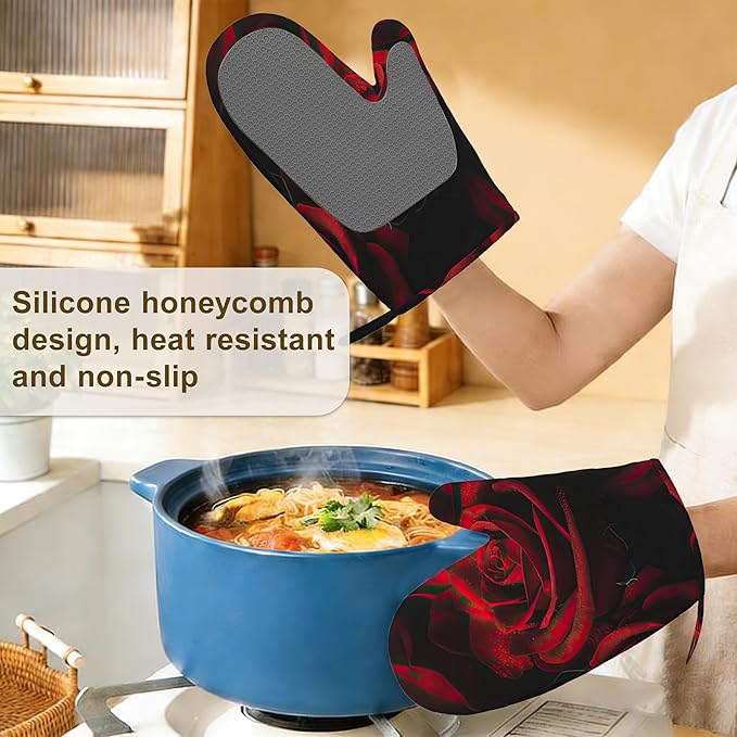 Red Rose Oven Mitts and Pot Holders Set of 4,Kitchen Glove Heat Resistant Oven Mitts with Non-Slip Silicone for Baking, Cooking, BBQ
