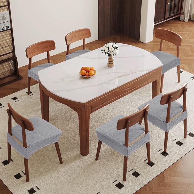 Genina Waterproof Seat Covers for Chairs,Set of 6 Dining Room Chair Seat Covers for Kitchen,Stretch Jacquard Removable Washable Dining Chair Slipcovers Protectors,No Rear Covers, Light Grey