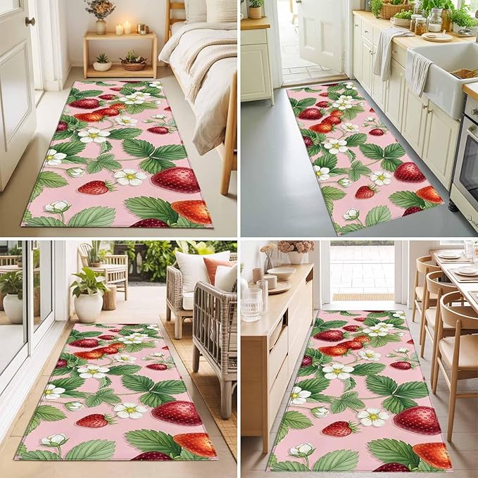 Runner Rug for Bedroom Hallway, Summer Strawberry Bush on Pink Kitchen Runner Rugs Area Rug 2x6ft, Forest Green Foliage Washable Soft Floor Carpet for Entryway Stair