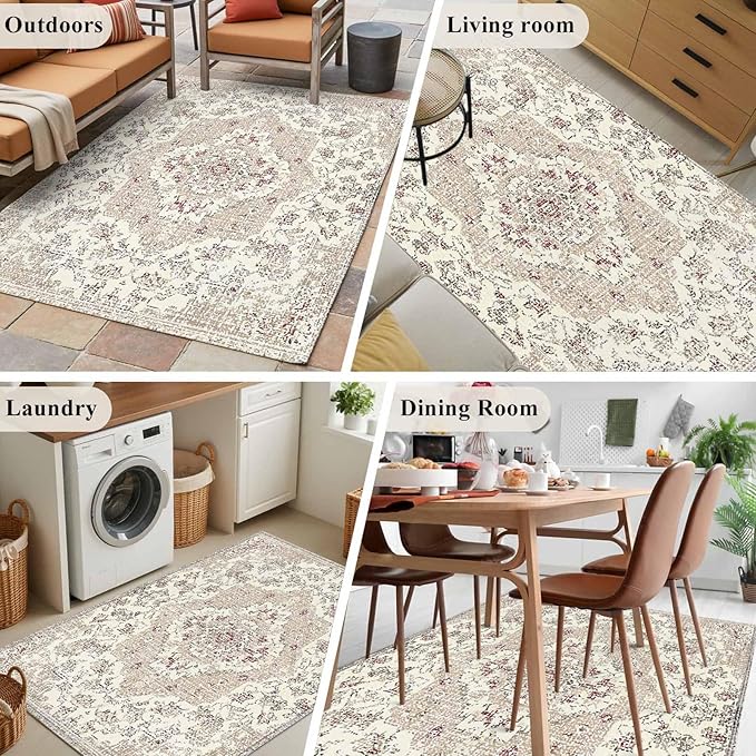 Beige Boho 2.7x5 Area Rugs, Vintage Ethnic Floral Non-Skid Rubber Backing Large Rectangle Rugs - Living Room Bedroom Home Office, Abstract Art Geometric Indoor Floor Mat Carpets Washable Rug