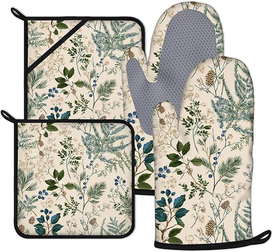Botanical Print Oven Mitts and Pot Holders Sets 4Pcs Wildflower Herb Silicone Kitchen Gloves Heat Resistant Potholders for Baking Cooking Grilling BBQ