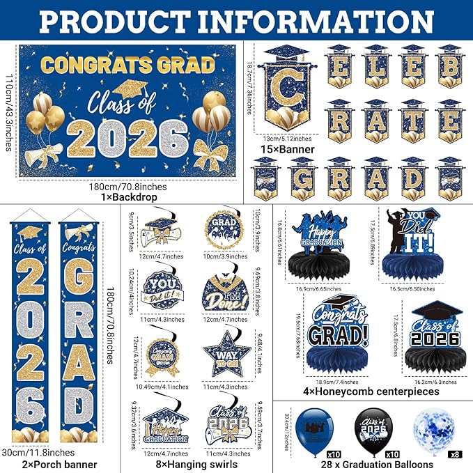 Blue 2026 Graduation Party Decor Kit-Includes Backdrop, Banner, Balloons, Hanging Ornaments & Honeycomb Decorations for Class of 2026 -Full Set for High School and University Graduation Events