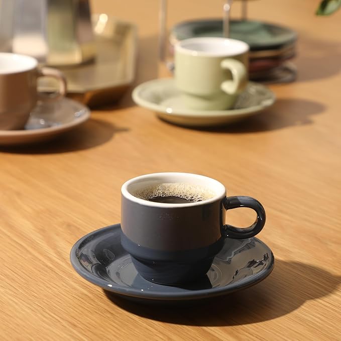 Gibson Home Brew Harmony 13 Piece Espresso Cup Set with Metal Rack, Stoneware Espresso Cups & Saucers, Solid Color Stackable Coffee Set, Café Style, Dishwasher & Microwave Safe