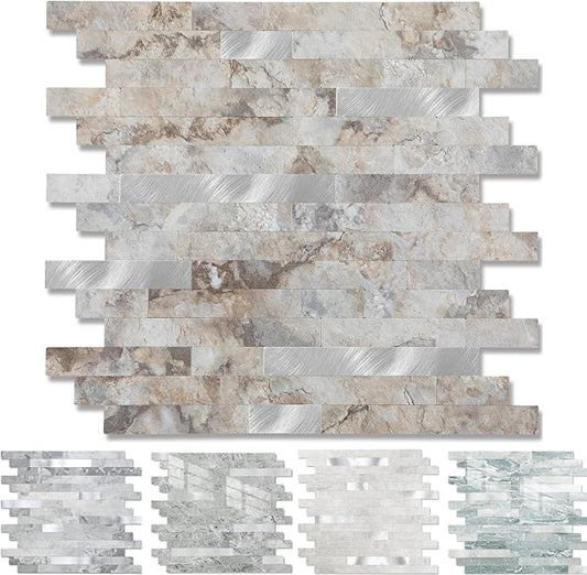 1 - Sheet Peel and Stick Backsplash Wall Tile, PVC Kitchen Backsplash, Stick on Tiles for Backsplash Kitchen (12'' X 12'', Perisa with Metal)