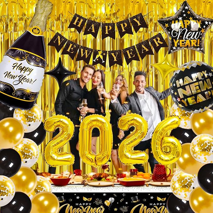 2026 Happy New Year Balloons Decorations Kit, 2026 New Years Eve party supplies, New Years Decorations 2026 Set with 2026 Foil Balloons Happy New Year Banner Champagne Curtains Backdrop for NYE Decor