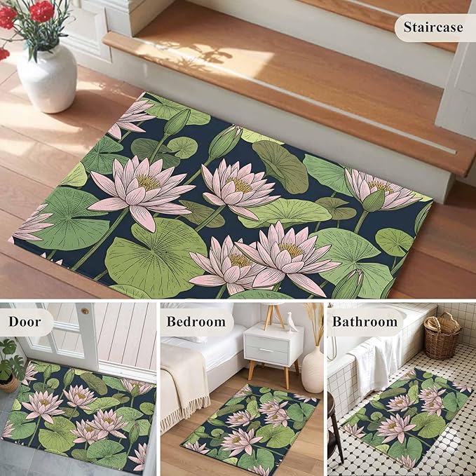 Area Rug 2x3ft, Pink Lotus Water Lily Dark Green Leaves Washable Rugs for Living Room Bedroom, Oriental Style Soft Non-Slip Area Rugs Rectangle Floor Carpet for Dining Room