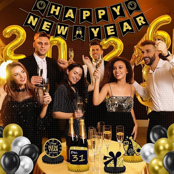 New Years Eve Party Supplies 2026 for 12, New Years Eve Party Decorations, 6 Hat, 6 Glasses, 12 blowouts, 6 Table Centerpiece, 2 Foil Fringe Curtains, 18 Balloons, Great NYE Decorations Pack