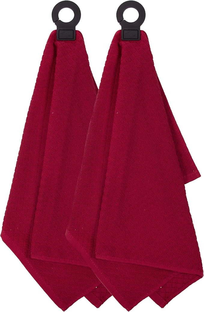 Ritz Premium Hook and Hang Towel, (2-Pack), 18" x 28", Long-Lasting Durable Rubber Hook, Highly Absorbent Super Soft Hand Cloths for Kitchen, Bathroom, Laundry Room, Paprika