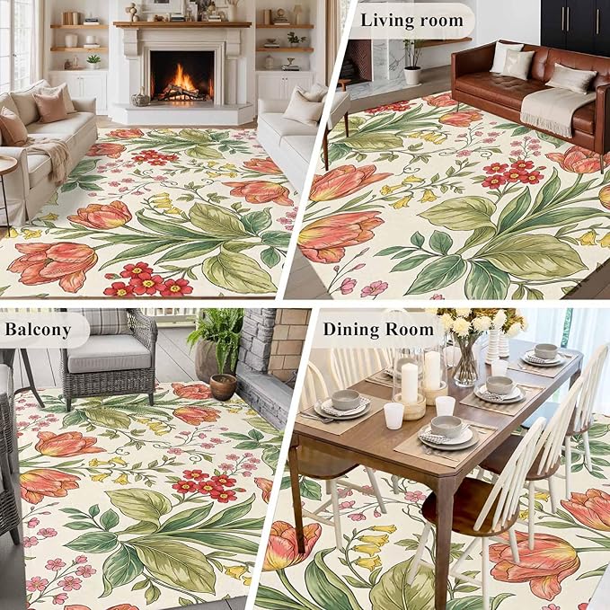 Area Rug 6x9ft, Vintage Tulips Red Daisies Washable Rugs for Living Room Bedroom, Yellow Blooms Floral Pattern Soft Non-Slip Area Rugs Rectangle Floor Carpet for Dining Room