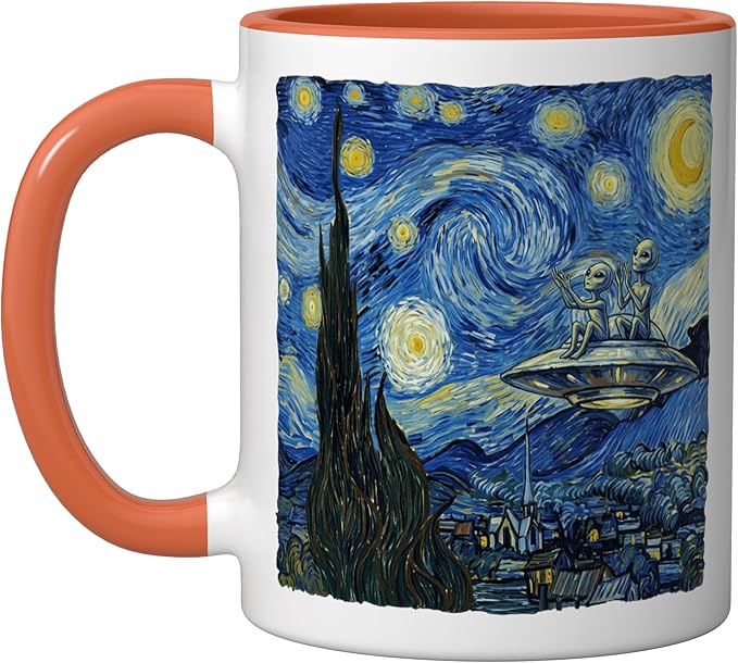 Aliens Saucer UFO Extraterrestrial Fun Starry Night Van Gogh Ceramic Mug, Orange/White
