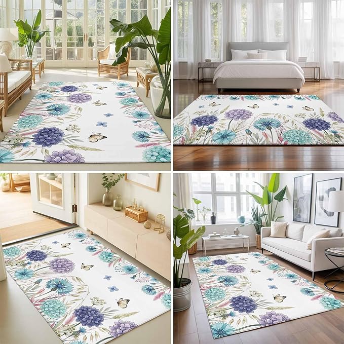 Area Rug 8x10ft, Spring Flower Thistle Hydrangea Washable Rugs for Living Room Bedroom, Wild Garden Floral Butterfly Soft Non-Slip Area Rugs Rectangle Floor Carpet for Dining Room