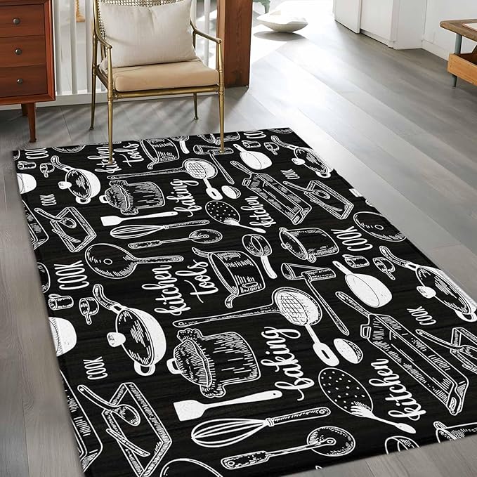 Black Kitchen Tools 2.7x5 Area Rugs, Modern Cooking Utensil Non-Skid Rubber Backing Large Rectangle Rugs - Living Room Bedroom Home Office, Farmhouse Cookware Indoor Floor Mat Carpets Washable Rug
