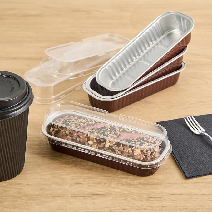Restaurantware-6.8 Ounce 6.5 X 2.6 X 1.2 Inch Mini Cake Pans, 100 Round Baking Cup - Disposable, With Dome Lids, Coffee Brown Aluminum Cake Pans, Lightweight, For Frosted Mini Desserts