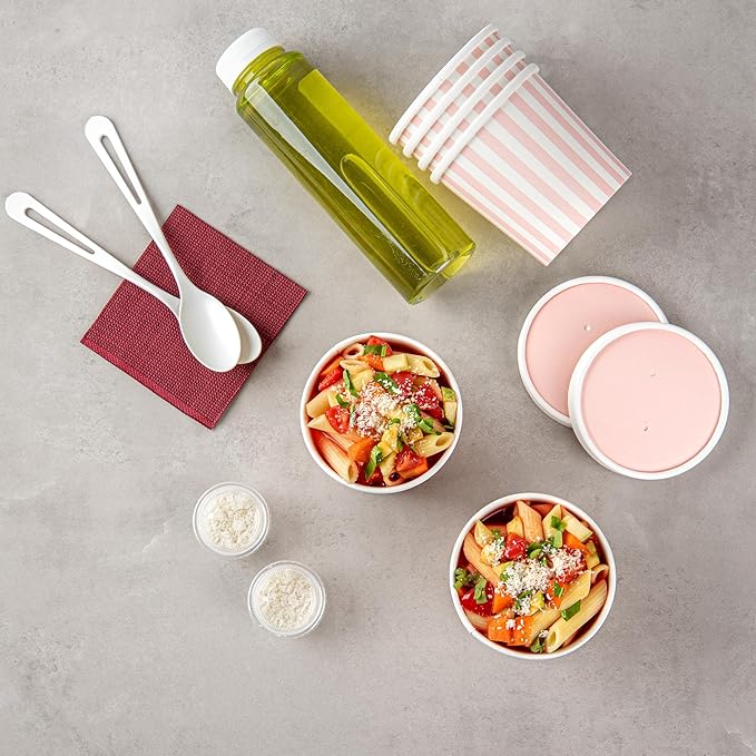 Restaurantware Bio Tek 12 Ounce Soup Containers 200 Durable Soup Bowls - Disposable Sustainable Pink And White Paper Soup Cups Striped Round For Hot Or Cold Foods