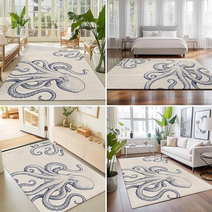 Area Rug 3x5ft, Marine Octopus Sea Monster Washable Rugs for Living Room Bedroom, Farmhouse Ocean Life on Linen Soft Non-Slip Area Rugs Rectangle Floor Carpet for Dining Room