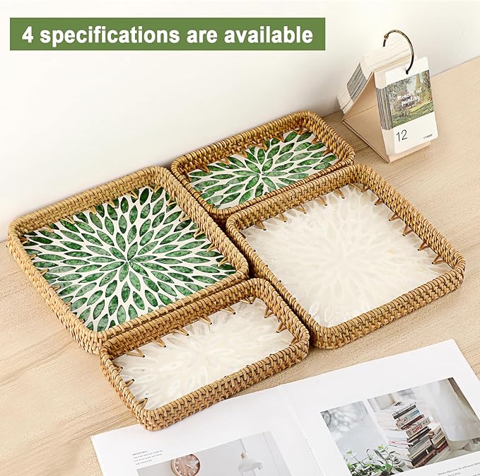 Decorative Key Basket for Entryway Small Handwoven Rattan Tray Rectangular Key Holder Tray Wicker Basket Organizer for Keys Remote Control Jewelry, White