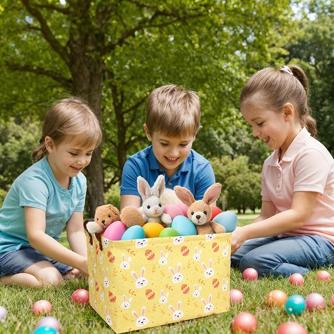 Large Rectangular Cute Kid Easter Basket Empty Bunny Eggs Easter Basket Gift Spring Room Storage Organizer Décor (Rabbit Egg Yellow Background)