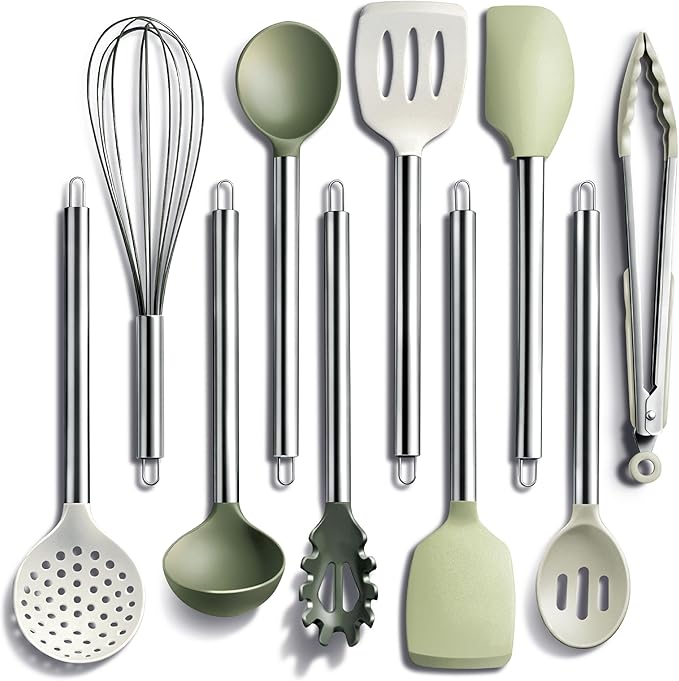 COOK WITH COLOR Silicone Cooking Utensils, Kitchen Utensil Set, Easy to Clean Silicone Kitchen Utensils, Cooking Utensils for Nonstick Cookware, Kitchen Gadgets Set, 10 Pieces, Green
