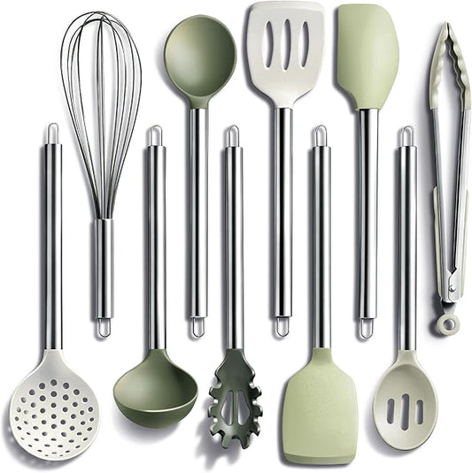 COOK WITH COLOR Silicone Cooking Utensils, Kitchen Utensil Set, Easy to Clean Silicone Kitchen Utensils, Cooking Utensils for Nonstick Cookware, Kitchen Gadgets Set, 10 Pieces, Green