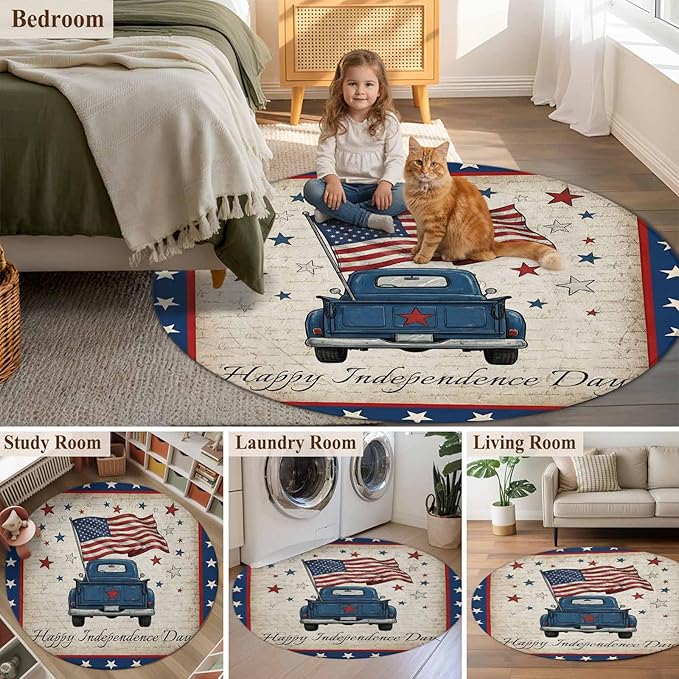Washable Round Area Rug Happy Independence Day USA Flag Circle Rugs Floor Carpet for Living Room Bedroom, Retro Blue Truck Soft Non Slip Round Rug 5ft