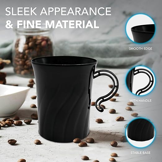 Party Essentials Elegance Plastic Coffee Cup/Tea Mug/Punch Cup w/Handle, 40 Count, 8-Ounce, Black