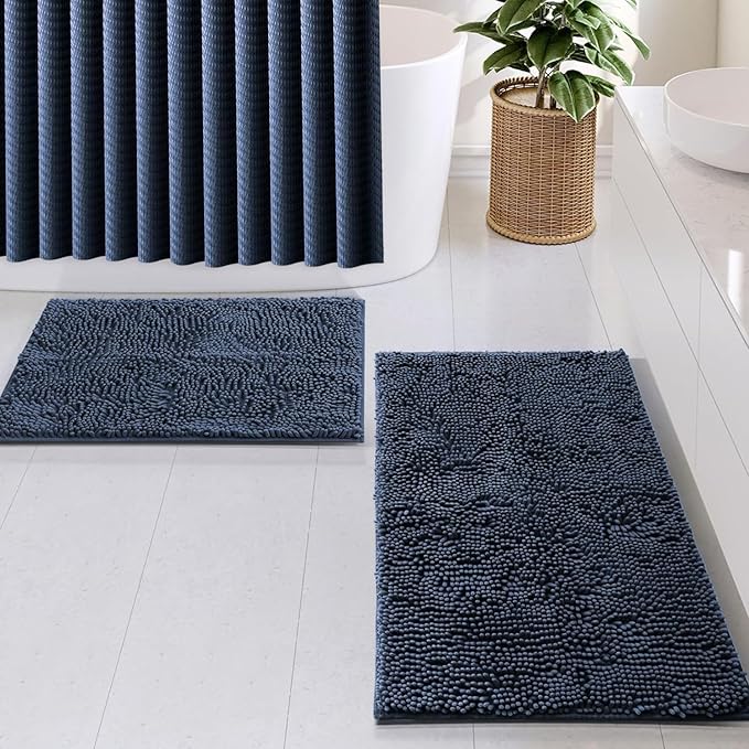 Clara Clark Navy Blue Shower Curtain Set with Rugs - Bathroom Sets with Shower Curtain and Rugs, Fabric Shower Curtains and 2 Bath Mats, Modern Bathroom Shower and Curtain Sets for Tub Or Stall