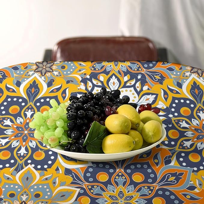 Retro Moroccan Boho Kitchen Tablecloth Vintage 70's 60's Hand Drawn Style Floral Motifs Table Cloth for Living Room Kitchen Party Picnic Cloth Stain Resistance Polyester, 55x55 Square