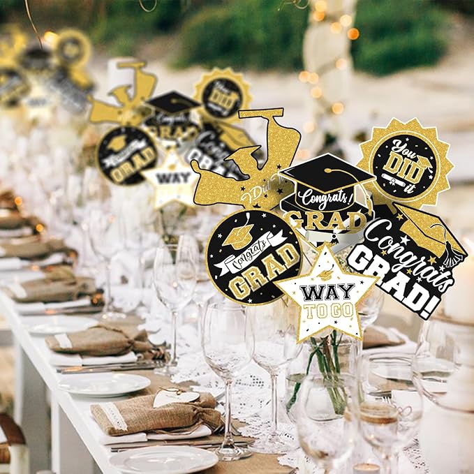 2026 Graduation Party Decorations - 24 Pcs Class of 2026 Congrats Grad Table Centerpieces Graduation Table Decorations Sticks Table Toppers for Graduation Party (Black Gold)