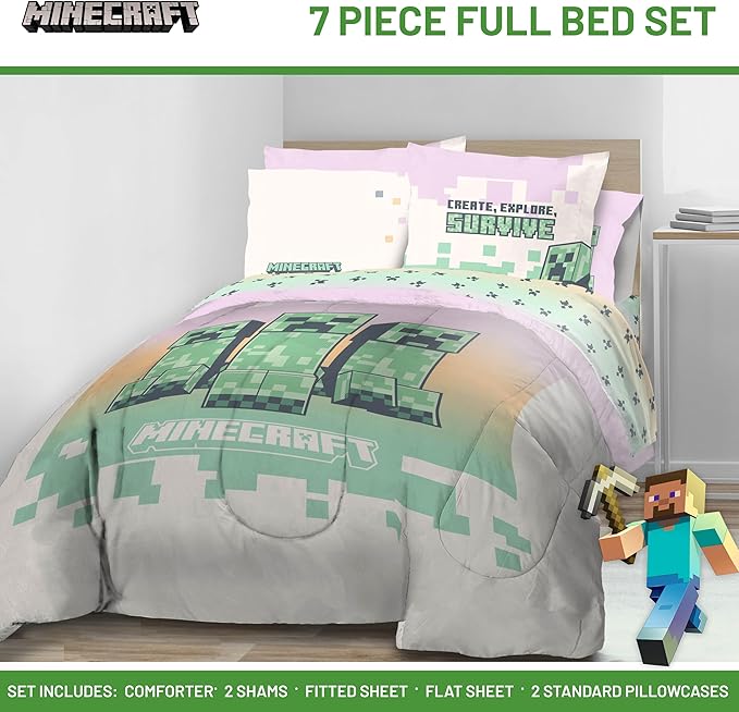 Jay Franco Minecraft Creeper Full Comforter Set - 7 Piece Bedding Includes Sheet Set & Pillow Covers - Super Soft Pink & Green Kids Bedding