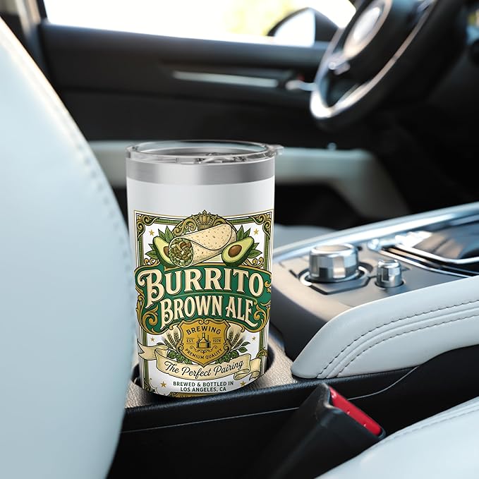 Burrito Brown Ale Mexican Food Retro Funny Beer Label Stainless Steel Insulated Tumbler