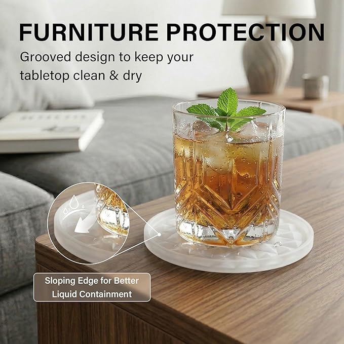Silicone Coasters for Drinks[6 Pack]- Cup Mat with Holder for Tabletop Protection-Non-Slip, Non-Stick, Coffee Table Decor, Great Gift for Any Occasion, Translucent