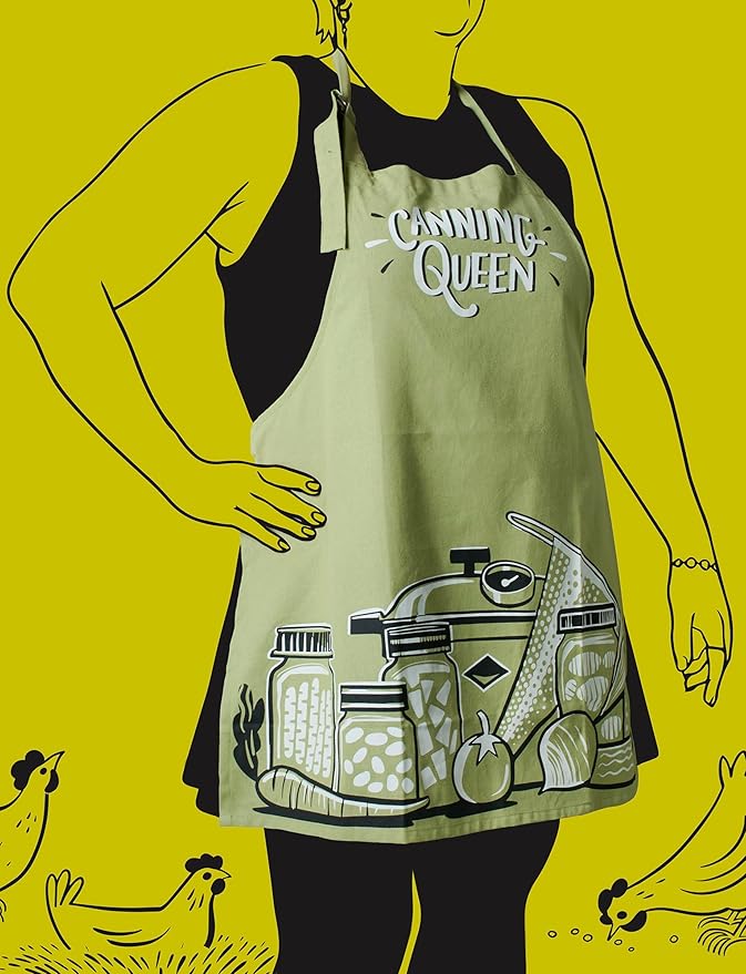 Primitives by Kathy Homestead Canning Apron, Canning Queen Sentiment, 100% Cotton, Hand Illustrated Design, Adjustable Neck and Waist, Machine Washable, Green