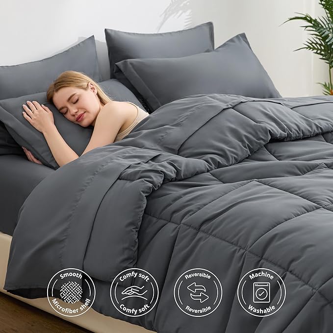 Love's cabin King Size Comforter Set Soot Grey, 7 Pieces King Bed in a Bag, All Season Bedding Sets with 1 Comforter, 1 Flat Sheet, 1 Fitted Sheet, 2 Pillowcase and 2 Pillow Sham | Soft, Breathable, Lightweight, Comfortable