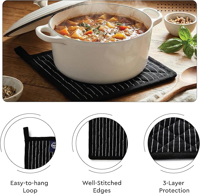 Encasa XO Heat Resistant 100% Cotton Oven Glove & Potholder Set with Loop, Kitchen Cooking Mittens, Microwave Safe Hot Pads (Butcher Stripes Black)